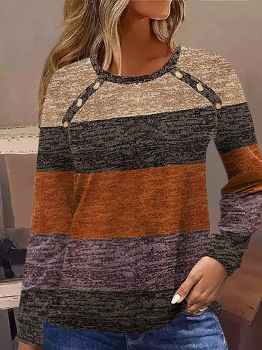 Casual Long Sleeve Crew Neck Color Block Loose Regular T-Shirt