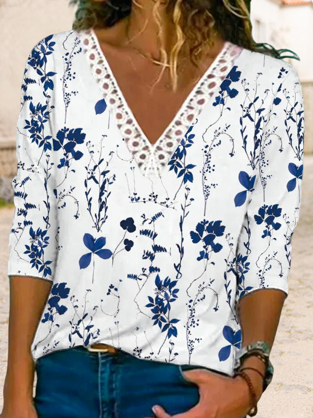 Casual Long Sleeve V Neck Floral Pattern Regular Blouse