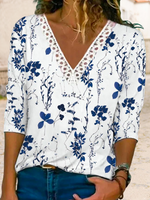 Casual Long Sleeve V Neck Floral Pattern Regular Blouse