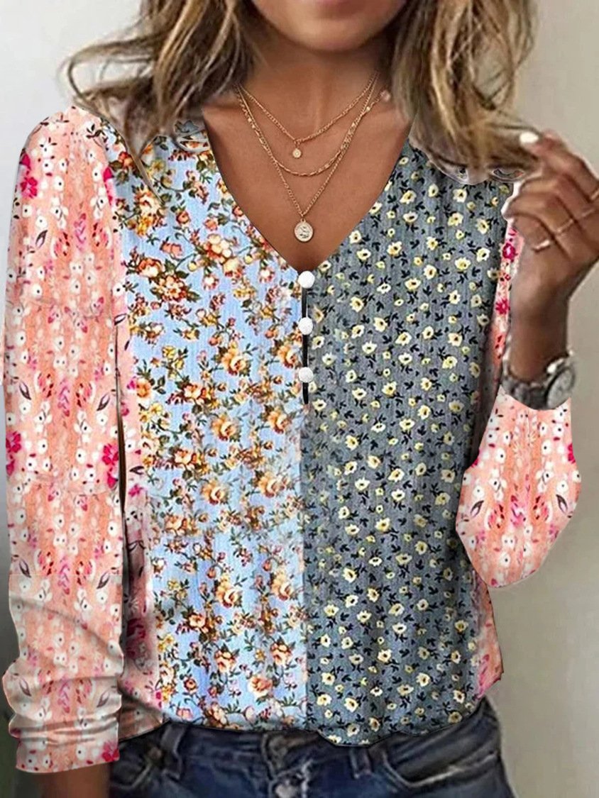Casual Long Sleeve V Neck Striped Loose Regular T-Shirt
