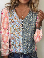 Casual Long Sleeve V Neck Striped Loose Regular T-Shirt