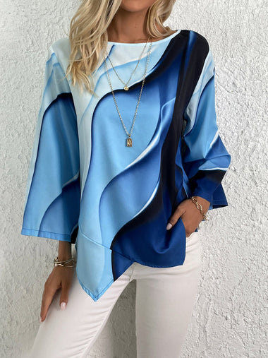 Casual Long Sleeve Crew Neck Abstract Loose Mid-Long Blouse