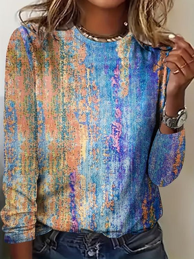Loose Long Sleeve Crew Neck Gradient Pattern Casual Regular Blouse