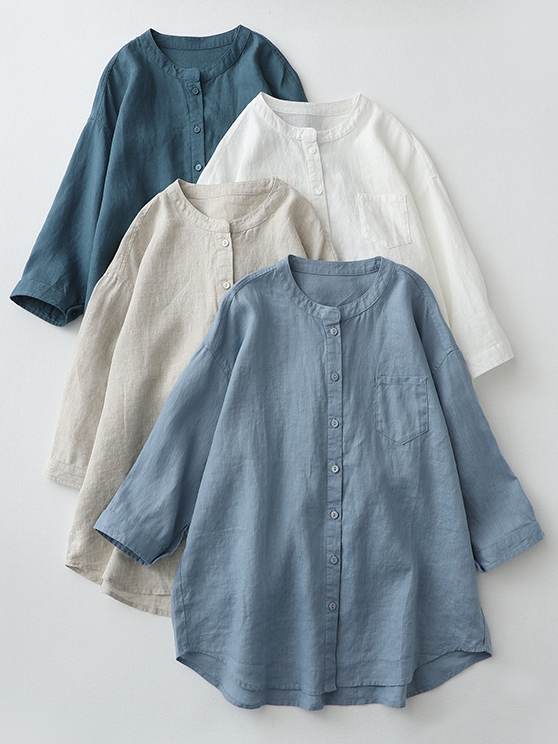 Casual Three Quarter Sleeve Crew Neck Abstract Loose Regular Shirt