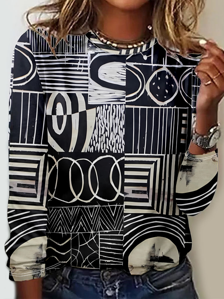 Casual Long Sleeve Crew Neck Ethnic Loose Regular T-Shirt