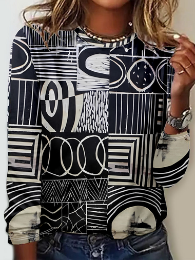 Casual Long Sleeve Crew Neck Ethnic Loose Regular T-Shirt