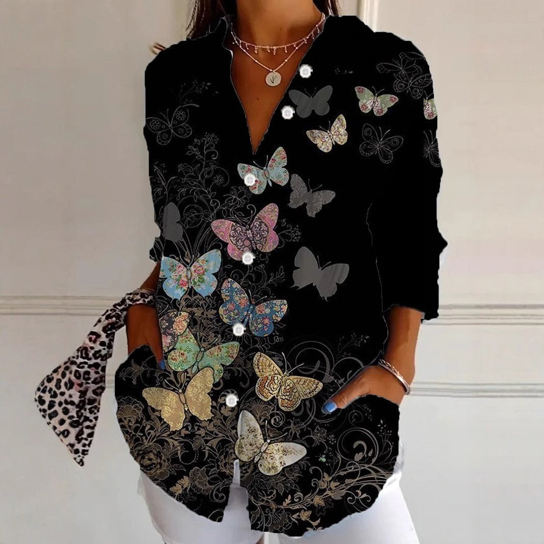 Casual Long Sleeve Shirt Collar Butterfly Loose Regular Shirt