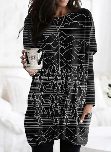 Vintage Long Sleeve Crew Neck Geometric Mid-Long T-Shirt