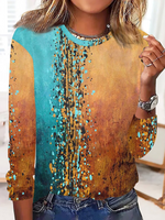 Casual Long Sleeve Crew Neck Abstract Loose Regular T-Shirt