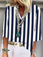 Casual Three Quarter Sleeve V Neck Striped Loose Regular Blouse