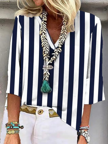 Casual Three Quarter Sleeve V Neck Striped Loose Regular Blouse