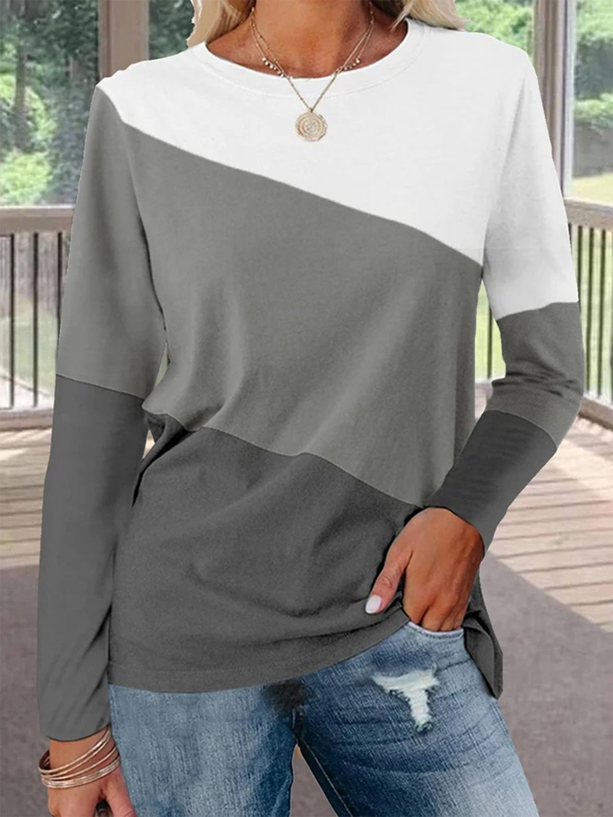 Loose Long Sleeve Crew Neck Contrast Stitching Casual Regular T-Shirt