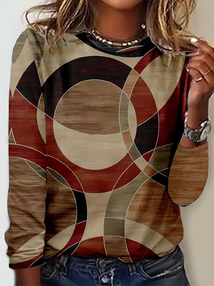 Casual Long Sleeve Crew Neck Geometric Loose Regular T-Shirt