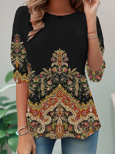 Loose Long Sleeve Crew Neck Ethnic Casual Regular T-Shirt