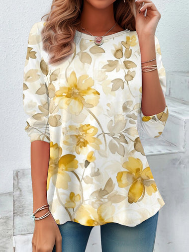 Casual Long Sleeve Crew Neck Floral Loose Regular Blouse