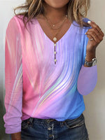 Loose Long Sleeve V Neck Abstract Casual Regular T-Shirt