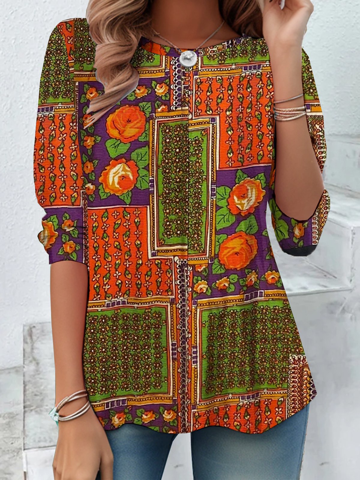 Loose Long Sleeve Crew Neck Floral Casual Regular T-Shirt