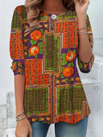 Loose Long Sleeve Crew Neck Floral Casual Regular T-Shirt