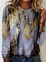 Loose Long Sleeve Crew Neck Abstract Casual Regular T-Shirt