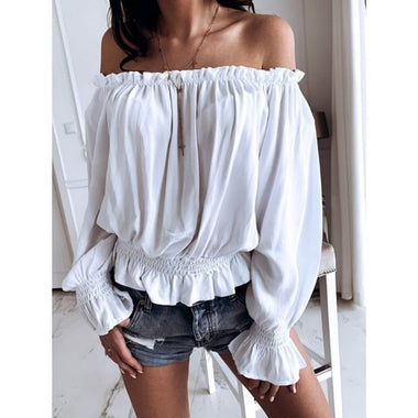 Loose Long Sleeve Off The Shoulder Plain Casual Regular Blouse