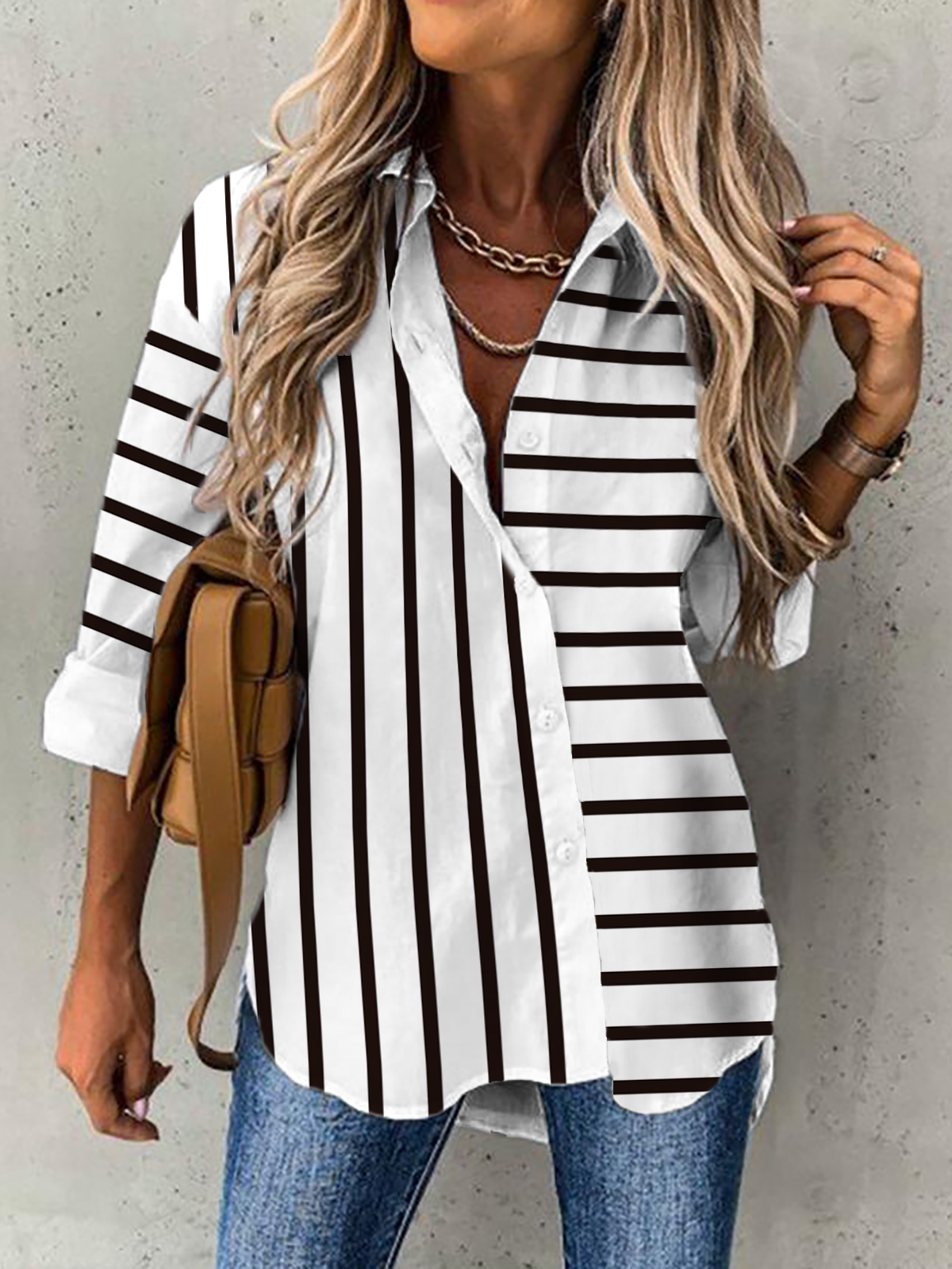 Loose Long Sleeve Shirt Collar Striped Casual Regular Shirt