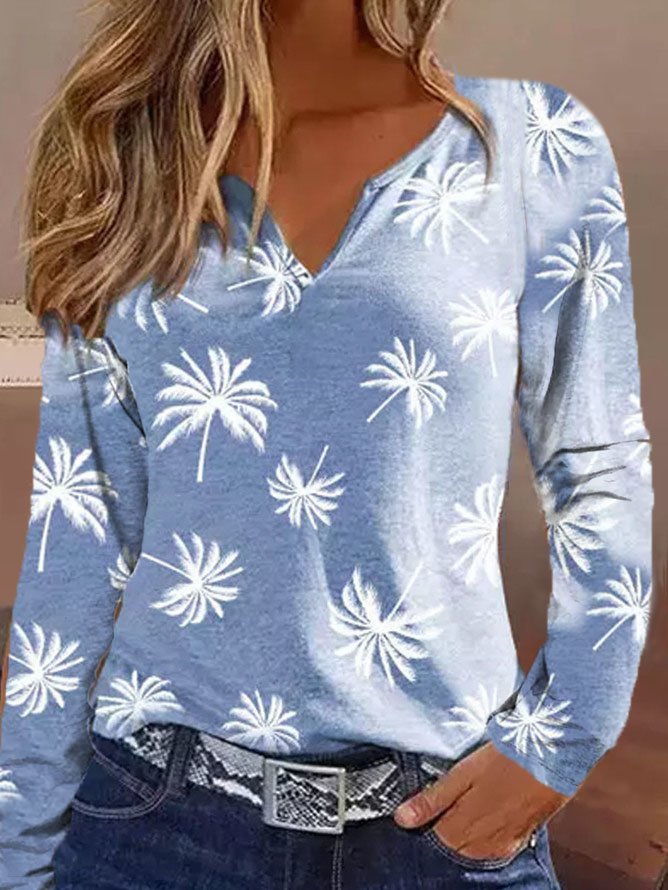 Casual Long Sleeve V Neck Coconut Tree Loose Regular T-Shirt