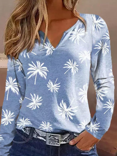 Casual Long Sleeve V Neck Coconut Tree Loose Regular T-Shirt
