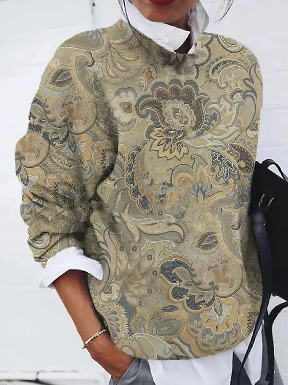 Casual Long Sleeve Crew Neck Ethnic Floral Zipper Loose Regular Sweatshirt