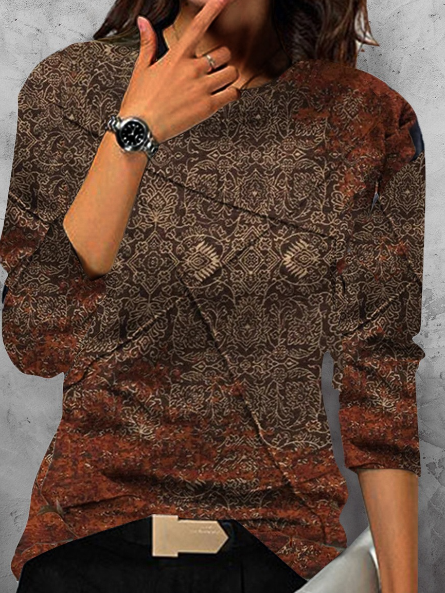 Casual Long Sleeve Crew Neck Ethnic Loose Regular T-Shirt