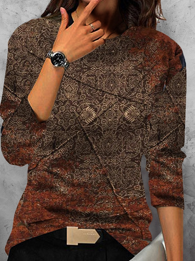 Casual Long Sleeve Crew Neck Ethnic Loose Regular T-Shirt
