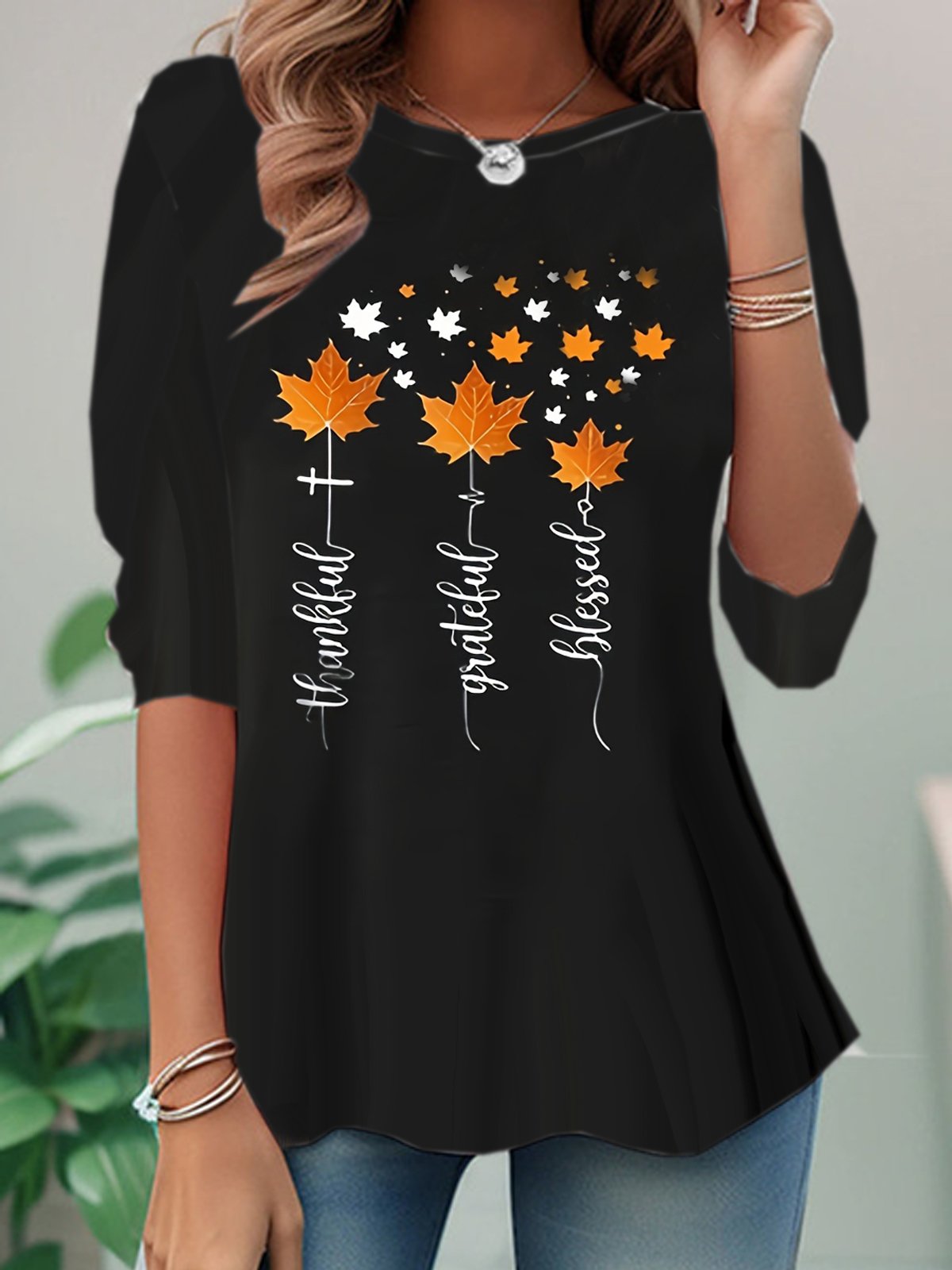 Loose Long Sleeve Crew Neck Leaf Casual Regular T-Shirt