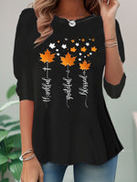 Loose Long Sleeve Crew Neck Leaf Casual Regular T-Shirt