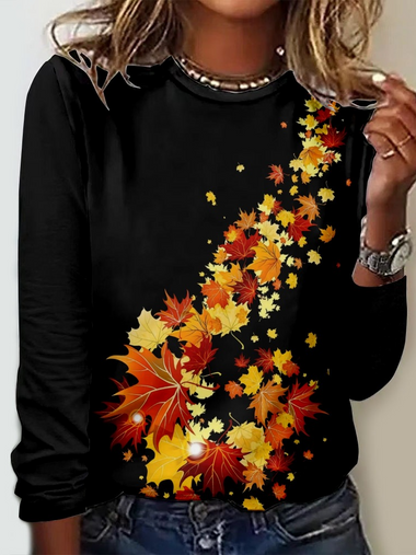 Casual Long Sleeve Crew Neck Leaf Loose Regular T-Shirt