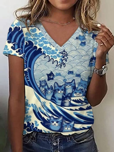 Casual Short Sleeve V Neck Painting Loose Regular T-Shirt