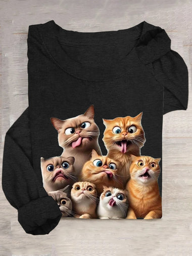 Casual Long Sleeve Crew Neck Cat Loose Regular T-Shirt