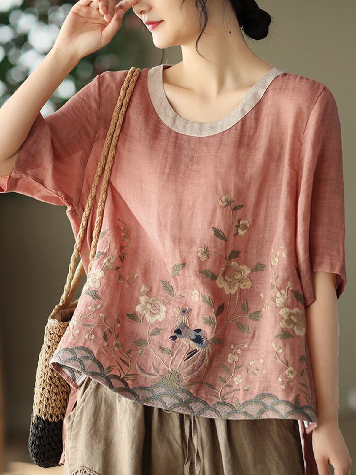 Casual Short Sleeve Crew Neck Floral Loose Regular Blouse
