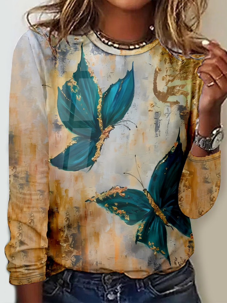 Casual Long Sleeve Crew Neck Butterfly Loose Regular T-Shirt
