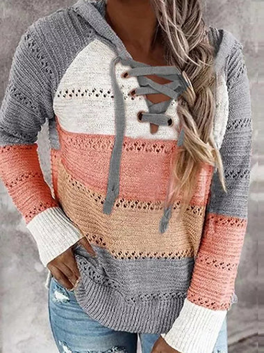 Loose Long Sleeve Hooded Color Block Casual Regular Sweater