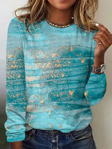 Loose Long Sleeve Crew Neck Abstract Casual Regular T-Shirt