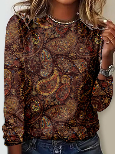 Loose Long Sleeve Crew Neck Ethnic Casual Regular T-Shirt