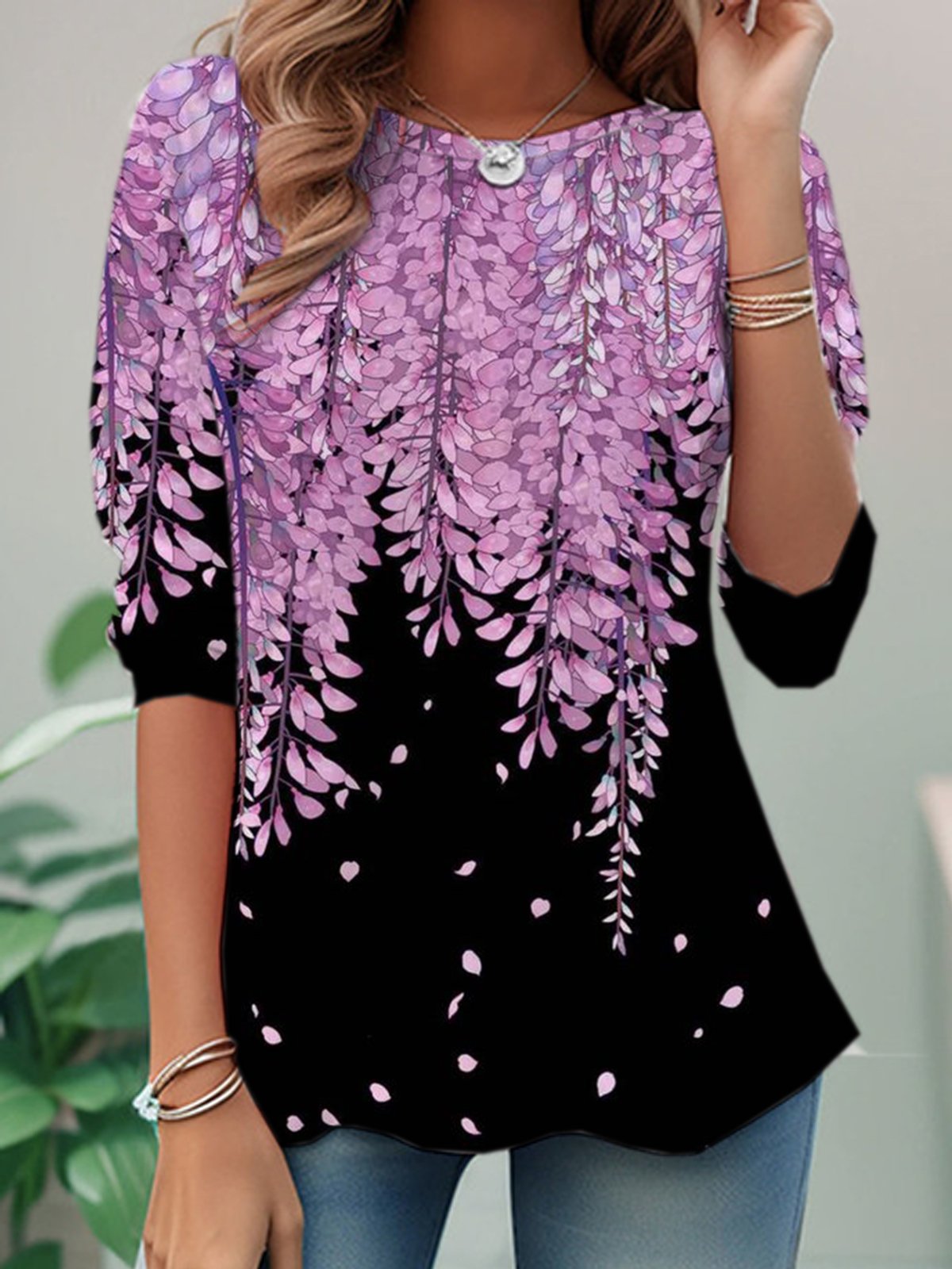 Loose Long Sleeve Crew Neck Leaf Casual Regular T-Shirt