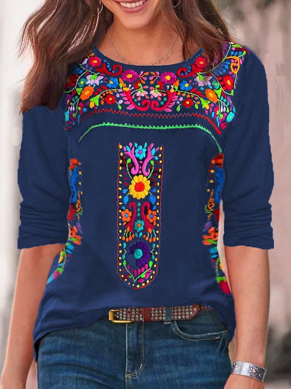 Loose Long Sleeve Crew Neck Ethnic Casual Regular T-Shirt