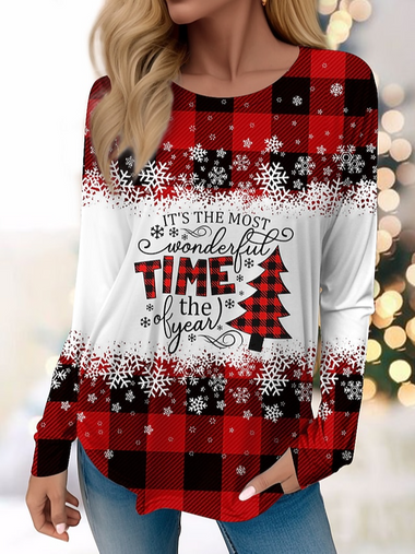 Loose Long Sleeve Crew Neck Plaid Casual Regular Blouse