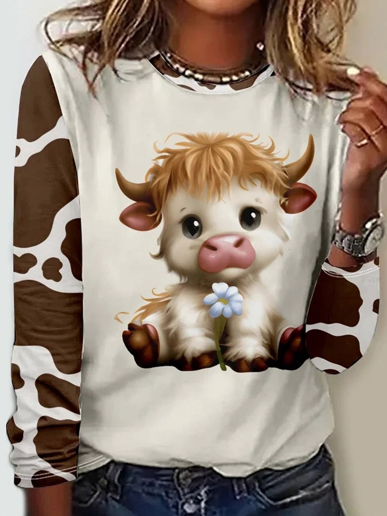 Casual Long Sleeve Crew Neck Animal Loose Regular T-Shirt