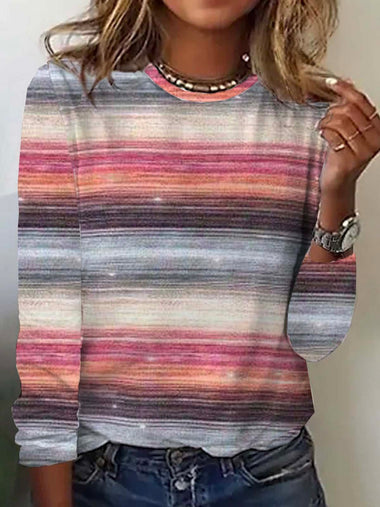 Casual Long Sleeve Crew Neck Striped Loose Regular T-Shirt