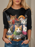 Loose Long Sleeve Crew Neck Cat Casual Regular T-Shirt