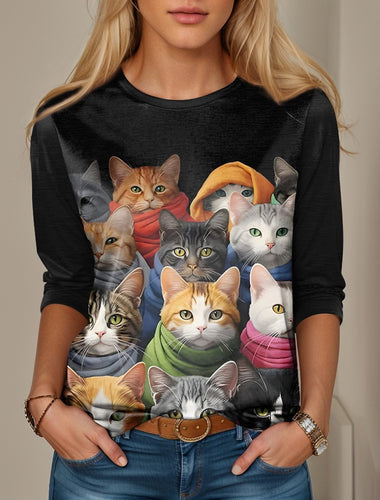 Loose Long Sleeve Crew Neck Cat Casual Regular T-Shirt