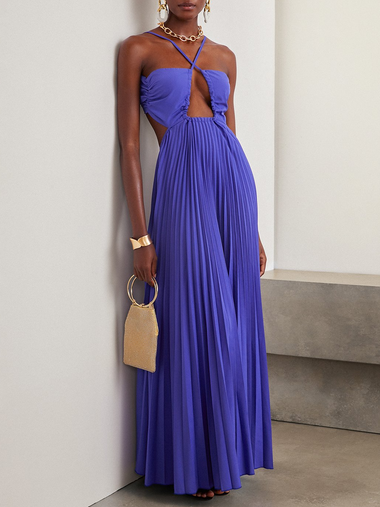 Elegant Sleeveless Halter Plain Ruched Maxi Dress
