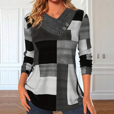 Casual Long Sleeve V Neck Plaid Loose Regular Blouse