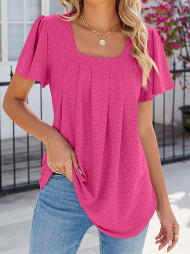 Loose Short Sleeve Square Neck Plain Casual Regular Blouse